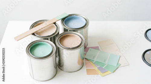Aesthetic paint cans with pastel colors and swatches on white table background with copy space