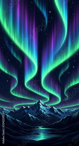 Vibrant aurora borealis dances above snow-capped mountains and reflective water