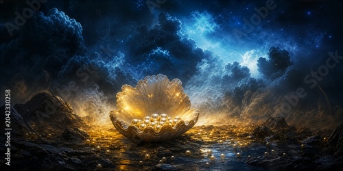 Blue-yellow abstract background with magic shell and pearls