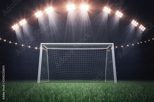 Tableau sur toile Football goal net on green grass under bright stadium floodlights at night with dramatic lighting effects