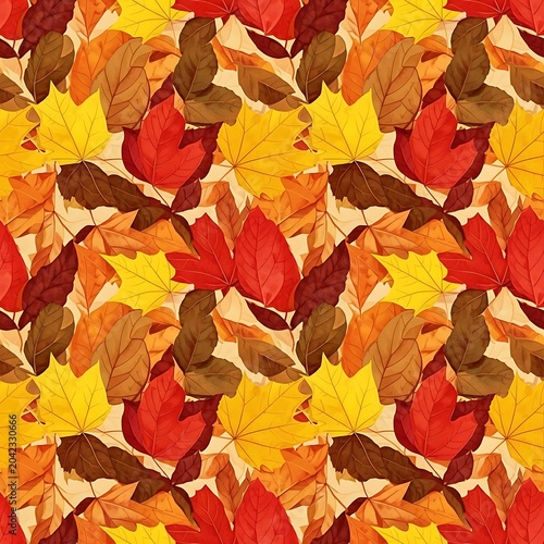 Vibrant autumnal leaves in a repeating pattern, showcasing rich reds, oranges, and yellows
