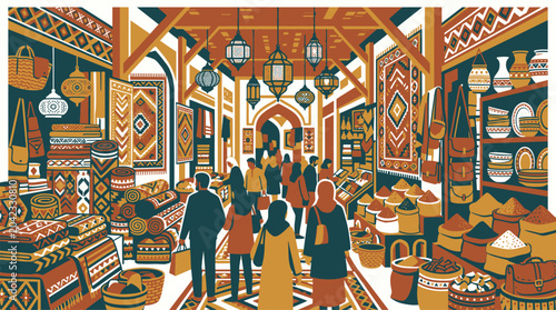 Tableau sur toile Vibrant marketplace interior with diverse shoppers and traditional goods on display showcasing cultural richness and community shopping experience