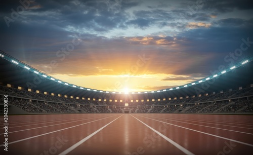 Low angle view of stadium running track at sunset with audience in stands.