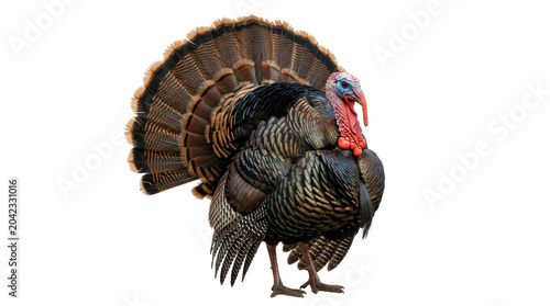 Wild turkey with fanned tail feathers on a transparent background PNG file