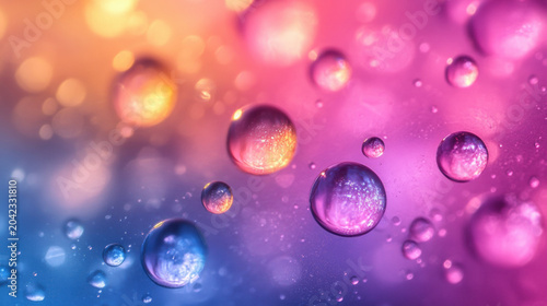 Colorful drops of paint diffusing in water with a soft bokeh background.