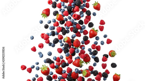 Falling fresh mixed berries including strawberries blueberries raspberries and blackberries on a transparent background PNG file