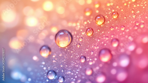 Colorful drops blending in water with soft bokeh and elegant background.