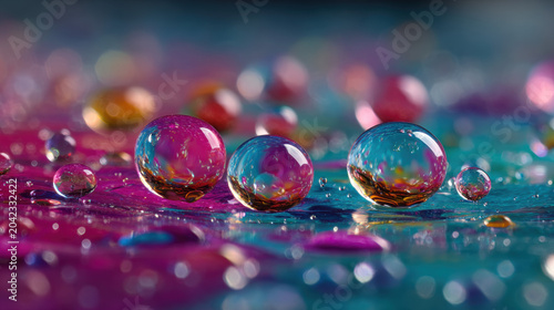 Colorful cyan and magenta drops mixing in water creating vibrant abstract patterns