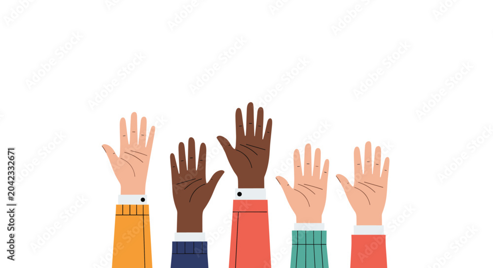 Obraz premium Diverse group of people raising their hands in the air, representing unity, collaboration, teamwork, and multicultural community support.