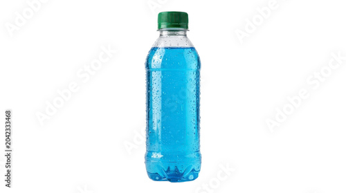 Plastic bottle filled with blue sports drink on a transparent background PNG file
