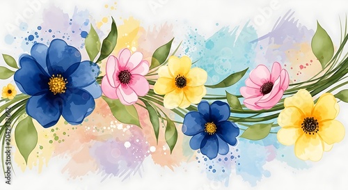 Vibrant floral arrangement with blue, pink, and yellow blossoms on a pastel watercolor wash