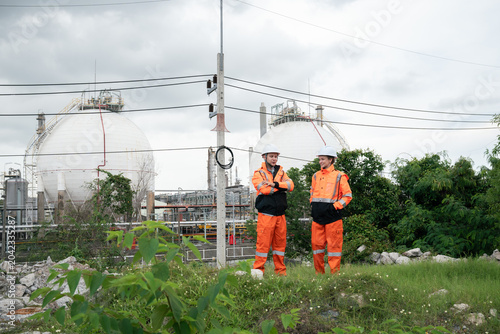 LNG storage tank inspection engineers using radio communication and mobile technology at industrial refinery site for safety compliance and operations control