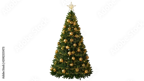 Traditional green christmas tree decorated with golden as transparent cutout