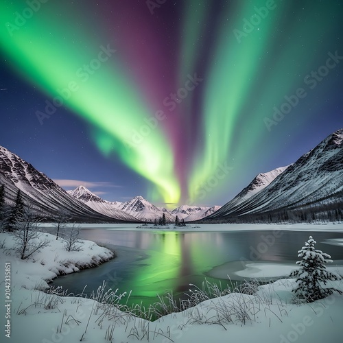 Vibrant aurora borealis illuminates snowy mountains and reflective lake