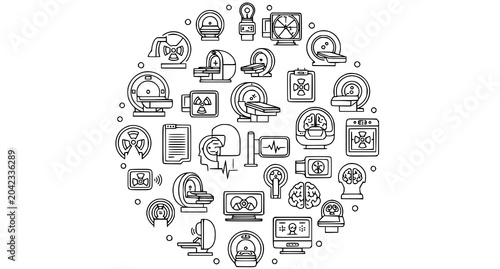 Foto Modern tomography and diagnostic imaging icons with radiology and healthcare sym