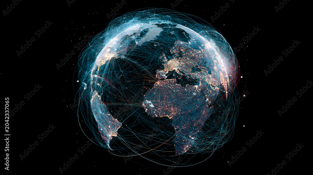Naklejka premium Glowing blue digital globe map showing international flight paths or data communication network lines over dark background
