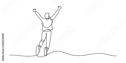 Continuous one line drawing of a happy man jumping with arms raised in celebration Vector, illustration