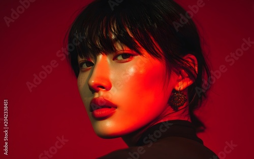 Sensual and mysterious portrait of a woman in shadow illuminated by a striking red light. Concept of modern fashion, nightlife, and cinematic style.
