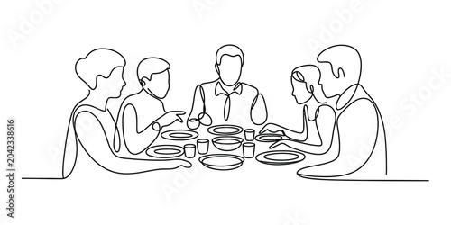 Continuous single line drawing of a family eating dinner together at a dining table Vector, illustration