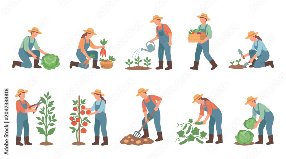 Fototapeta premium Farmers performing various gardening and agricultural tasks including planting, watering, harvesting, and cultivating fresh produce.