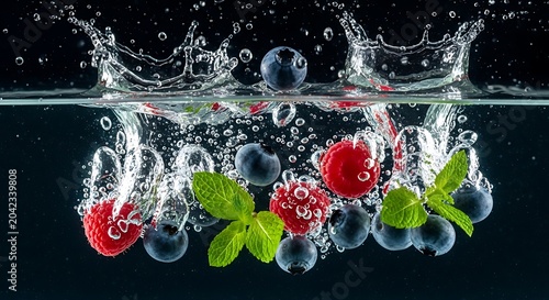 Vibrant berries and mint splash into clear water, creating dynamic bubbles and ripples
