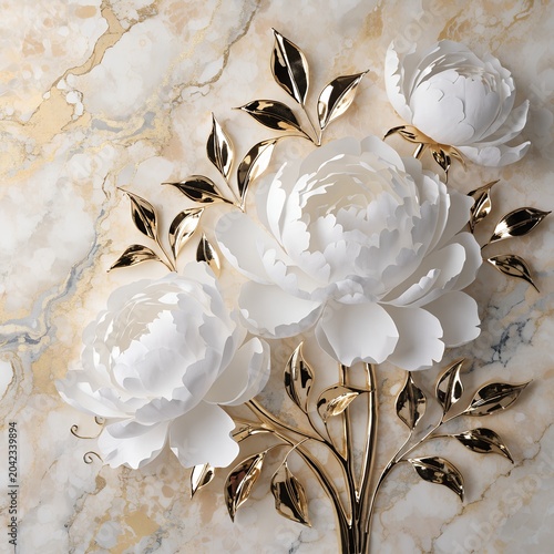 Luxury White Peony Flowers with Golden Leaves on Marble Background ,Elegant 3D Floral Art.