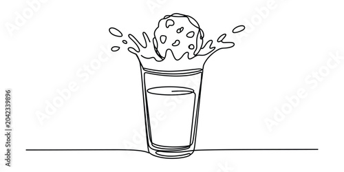 Continuous one line drawing of a chocolate chip cookie falling into a glass of milk Vector, illustration