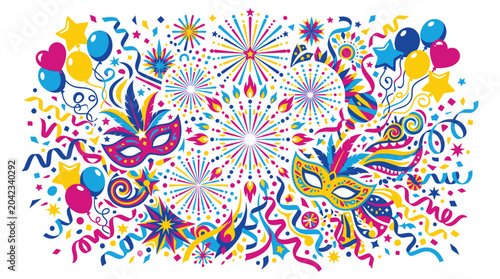 Photography Vibrant carnival masks surrounded festive confetti and balloons on party theme c