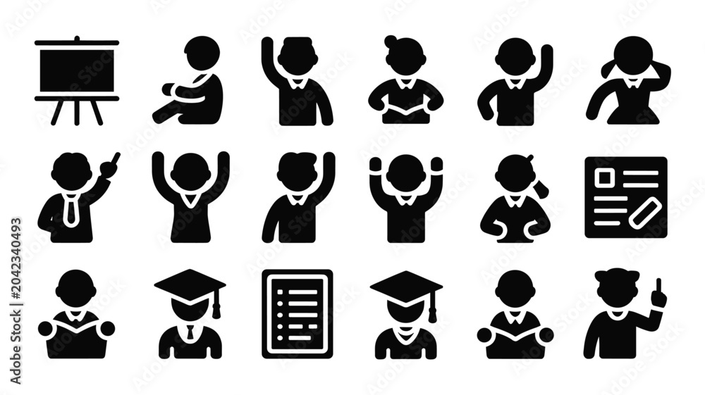 Obraz premium Set of 18 Black Business and Education People Icons Vector