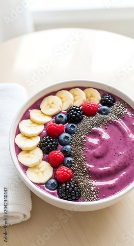 Vibrant berry smoothie bowl topped with fresh fruit slices and seeds