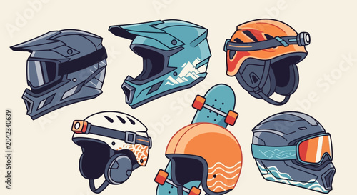 Bild auf Leinwand Collection of Diverse Helmets for Extreme Sports and Outdoor Activities