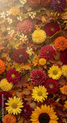 Vibrant autumn flowers and fallen leaves create a rich tapestry of color and texture