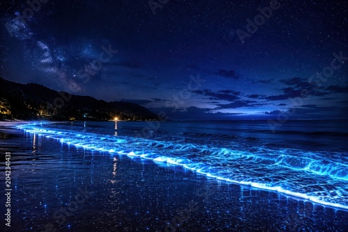 Bioluminescent beach with glowing blue waves on dark tropical shore