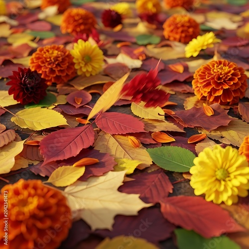 Vibrant autumn foliage and bright floral blooms scattered on textured ground