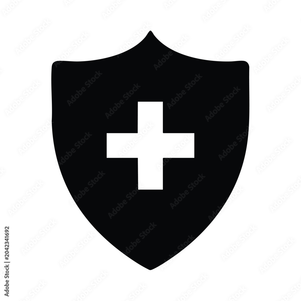 Fototapeta premium Medical shield icon, healthcare protection symbol, black and white cross emblem, security logo