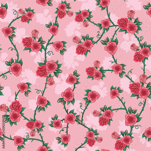 Rose bunches on trailing vines seamless pattern
