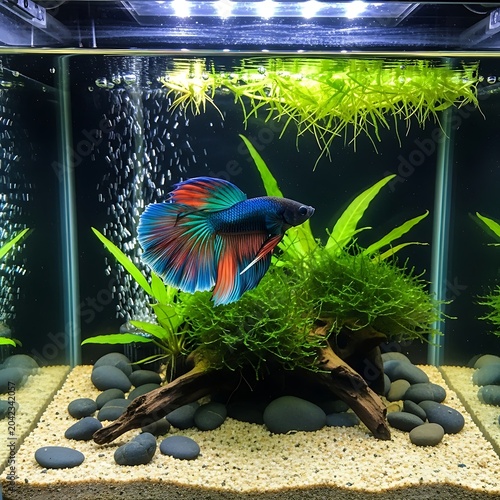 Vibrant betta fish swims in a well-maintained, planted aquarium with bubbling filter