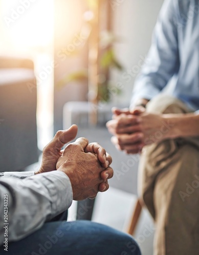 A close-up of two people holding hands in a room with natural light