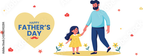 Happy fathers day illustration with father holding his daughters hand