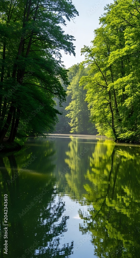 Fototapeta premium Verdant forest trees line a calm body of water, reflecting sunlight and lush greenery