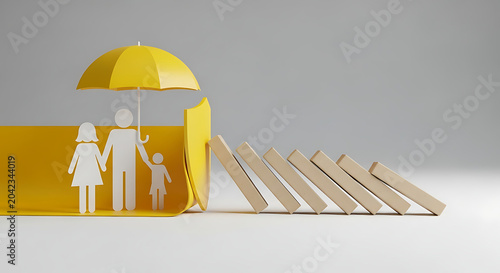 Family safety concept with paper cutout figures sheltered under a yellow umbrella deflecting falling dominoes umbrella dominoes protection insurance security financial stability planning