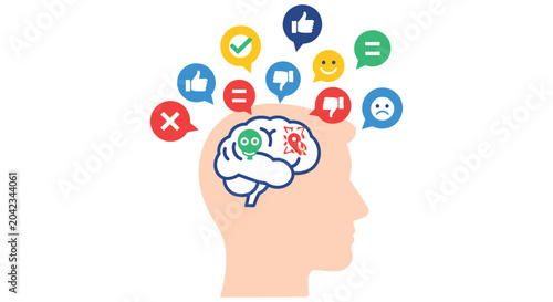 Bild auf Leinwand A human head silhouette containing a brain overwhelmed with social media reactio