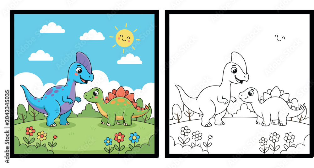 Fototapeta premium Cute Cartoon Dinosaur Friends Illustration with Stegosaurus, Parasaurolophus, Flowers, Clouds, and Sunny Meadow Kids Scene
