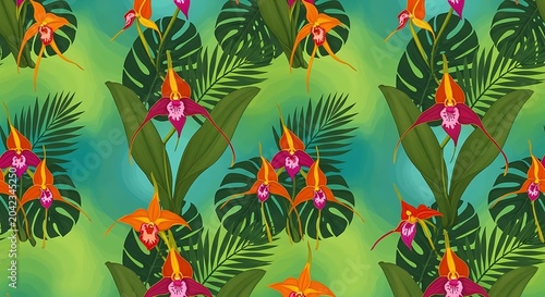 Vibrant floral pattern with exotic orchids and lush tropical foliage