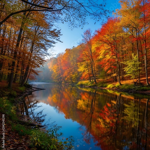 Vibrant autumn forest ablaze with color, reflecting in a calm, glassy river