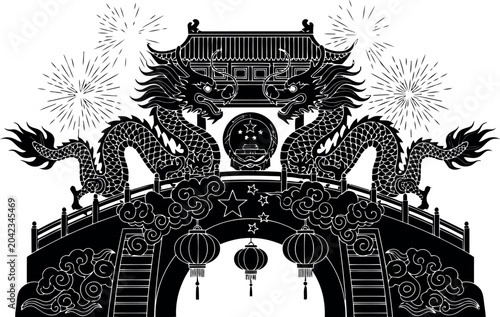 Traditional chinese temple with dragons and lanterns in festive celebration design