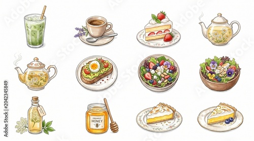 Aesthetic Healthy Cafe Brunch Clipart Set with Avocado Toast Salad Tea Honey and Lemon Meringue Pie on White Background