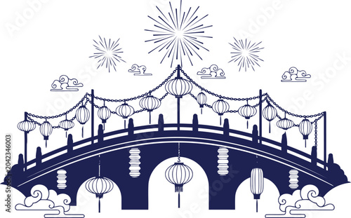 Beautiful traditional asian arched bridge with lanterns and fireworks celebration scene
