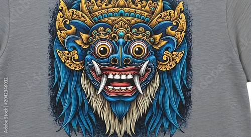 Vibrant blue and gold stylized demonic mask with fierce teeth, wide eyes