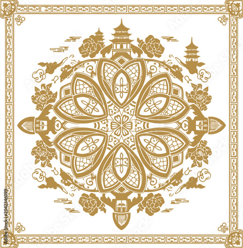 Intricate golden mandala design with traditional asian architecture and floral motifs